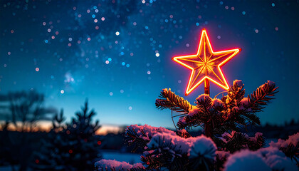 A close-up shot of a neon star topper on a snowy Christmas tree, with distant constelation