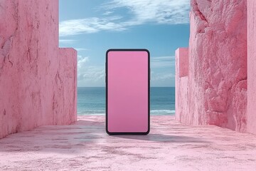 Modern smartphone displayed against a serene beach backdrop and bright blue sky