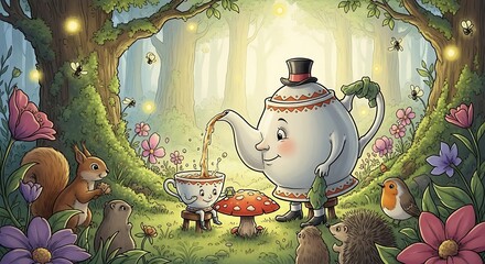 Enchanted Forest Tea Party with Teapot and Animal Friends.