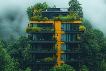 Modern green building with lush gardens in a misty forest setting
