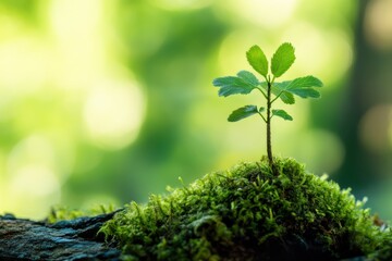 Green plant sprouting from moss highlighting sustainable growth in nature
