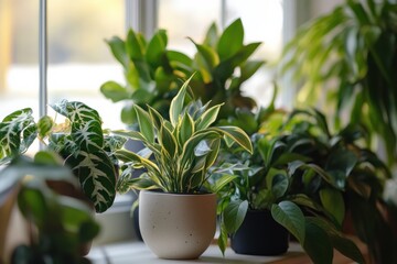 Indoor plants enhance minimalism and biophilic design in a sunlit room