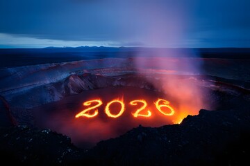 Volcanic crater glowing with 2028 written in fiery letters
