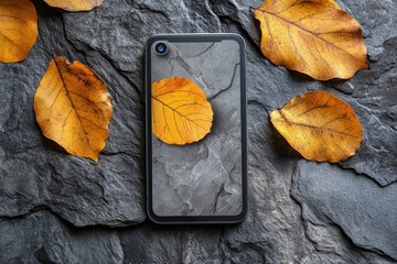 Smartphone screen mockup surrounded by autumn leaves on rocky surface