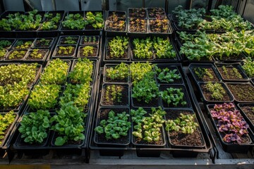 Urban farming with vertical gardens showcases minimalism in a vibrant greenhouse setting
