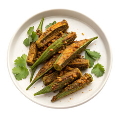 indian masala fried okra on white plate isolated