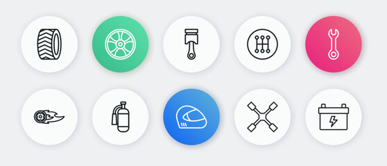 Set line Racing helmet, Wrench spanner, Wheel fire flame, wrench, Gear shifter, Engine piston, Car battery and Fire extinguisher icon. Vector