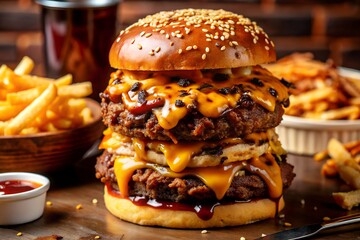 Juicy double cheeseburger with melted cheese and french fries on the side