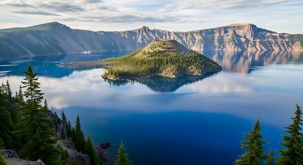 Crater Lakes Wizard Island - A Serene Reflection of Natures Beauty.
