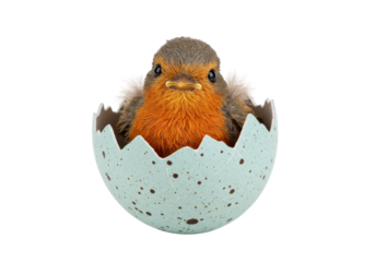 Baby robin in a cracked egg isolated on transparent background, newborn bird hatching from egg PNG