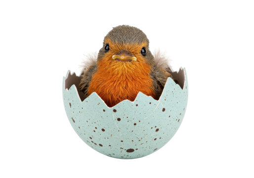 Baby robin in a cracked egg isolated on transparent background, newborn bird hatching from egg PNG