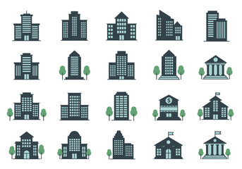 Fototapeta premium Buildings icons. Bank, Hotel, Courthouse. City, Real estate, Architecture buildings icons. Hospital, town house, museum. Urban architecture, city skyscraper. Classic set. Quality set. Vector
