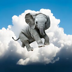 A baby elephant appears to walk atop a puffy white cloud, blue sky