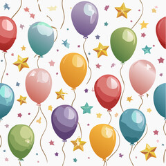 Obraz premium A seamless background of colorful balloons surrounded by streamers intertwined with golden stars and festive sparkles.