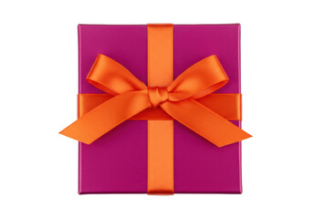 Magenta gift box with orange ribbon isolated, present for birthday or special occasion on a clean background
