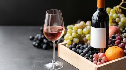 Rose Wine Glass and Bottle with Fruit Arrangement on a Dark Background. Elegant Wine Presentation, Gourmet Food, and Relaxing Evening.