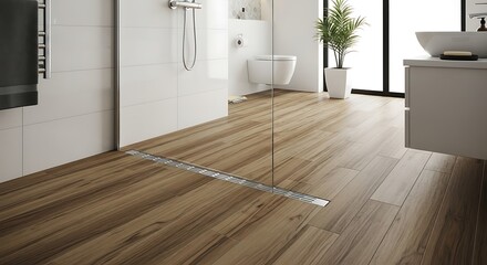 Contemporary bathroom interior showcasing wood-look tile flooring and a sleek shower drain system