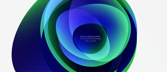 Abstract flowing layers create dynamic circular composition. Blue, green hues blend, forming modern background design. Minimalist text present.