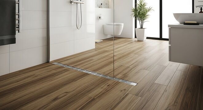 Contemporary bathroom interior showcasing wood-look tile flooring and a sleek shower drain system