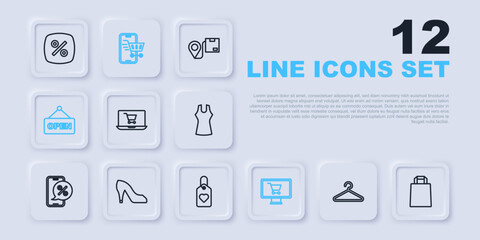 Set line Hanger wardrobe, Paper shopping bag, Shopping cart on screen laptop, monitor, Hanging sign with text Open, Woman shoe, Mobile and Heart tag icon. Vector