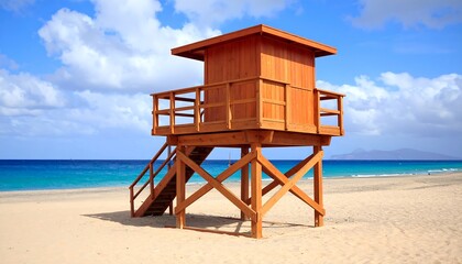 Wooden beach lifeguard tower on a sandy beach