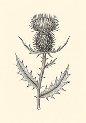 Detailed botanical illustration of a thistle plant with textured leaves