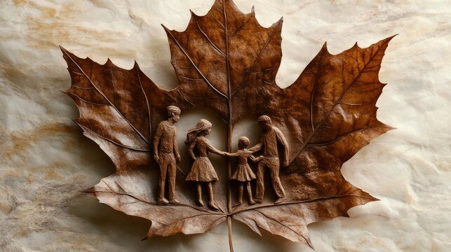 Carved Family on Maple Leaf, Artistic Nature Scene, Elegant Detail