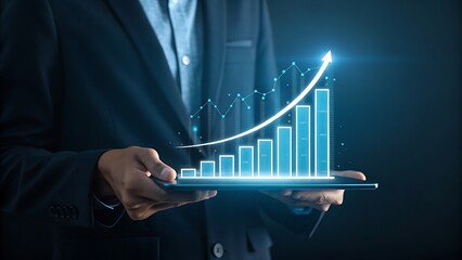 Businessman holding tablet with growing digital bar graph
