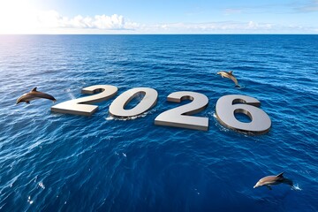 2026 floating on ocean with dolphins and blue water