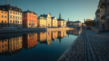 Fototapeta premium Stunning Ultra-Realistic View of Stockholm with Colorful Reflections in Morning Light
