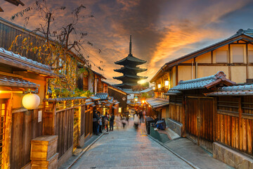 Hōkan-ji Temple (Yasaka Pagoda) at sunrise on Gion street in Kyoto. Japan