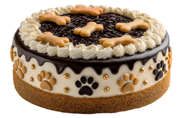 Dog birthday celebration cake with bone decorations and paw prints isolated on transparent background. 