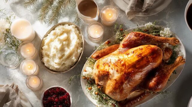 Festive holiday dinner table with roasted turkey, mashed potatoes, cranberry sauce, and candles arranged for a cozy celebration. Warm lighting creates a welcoming seasonal atmosphere