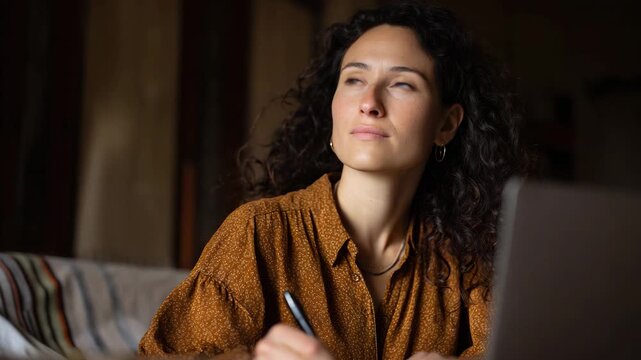 A thoughtful woman is captured in a serene moment, gazing above while writing in a cozy nook, embodying creativity and introspection in a warm atmosphere.