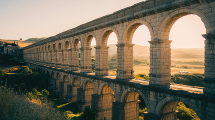 Obraz premium Majestic roman aqueduct arches illuminated by golden sunset reflecting in water below