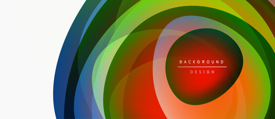 Abstract colorful layers create dynamic circular design. Vibrant hues blend, forming modern background element. Smooth gradients suggest movement.
