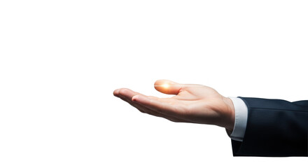 Meticulously detailed caucasian male hand in business suit presents glowing holographic gauge showing peak customer satisfaction on blurred grey background with copy space, concept of service