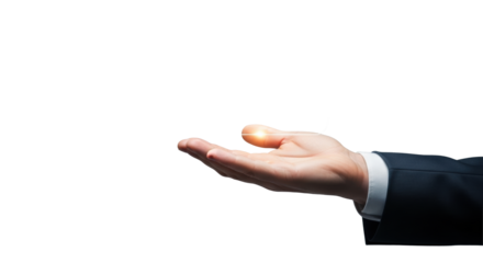 Meticulously detailed caucasian male hand in business suit presents glowing holographic gauge showing peak customer satisfaction on blurred grey background with copy space, concept of service