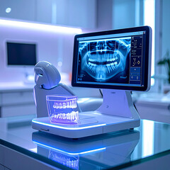 Hero shot of a digital intraoral scanner on a glass tabletop with futuristic ambient