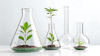 Green plants growing in laboratory glass flasks
