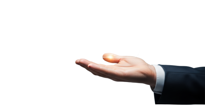 Meticulously detailed caucasian male hand in business suit presents glowing holographic gauge showing peak customer satisfaction on blurred grey background with copy space, concept of service - Powered by Adobe