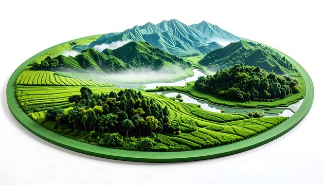 A miniature, diorama-like landscape featuring rolling green hills, mountains, a winding river, and lush forests within an oval frame