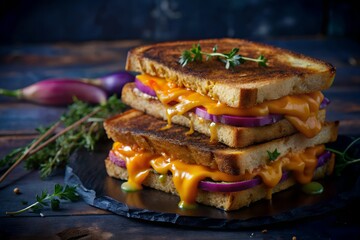 Stack of grilled cheese sandwiches with melted cheese and red onion