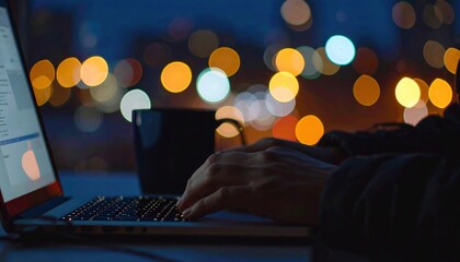 Working late on laptop — hands typing with coffee mug and city bokeh at night