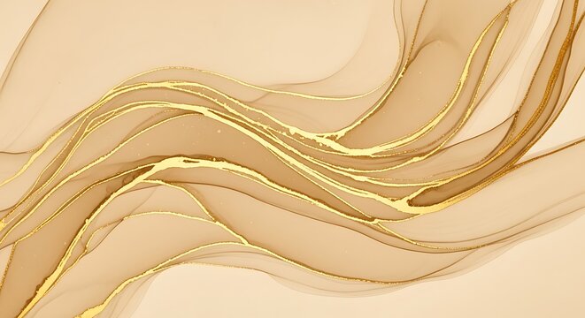 Abstract flowing beige and gold ink art, creating a sophisticated and elegant visual experience of modern design
