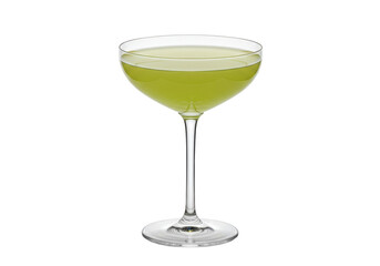 Elegant coupe glass with green cocktail isolated, refreshing alcoholic drink for bar menu and party celebrations
