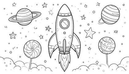 A black and white line drawing of a rocket, planets, and stars