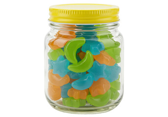 Jar of colorful gummy candies isolated, star and moon shaped sweets with yellow lid for party favors and treats