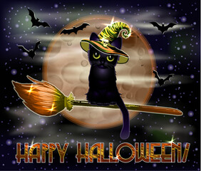 Happy Halloween moon card, black cat in a witchs hat, vector illustration
