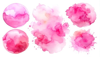 Watercolor paint blobs and circles in varying shades of pink, white background